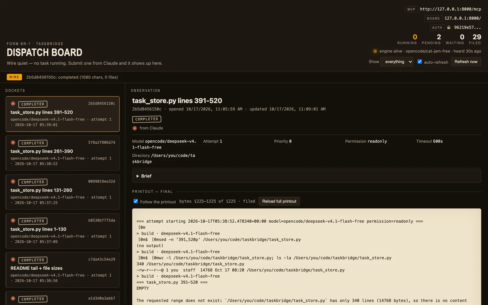 The TaskBridge task ledger, showing a table of tasks and their status, along with detail panels and log output.
