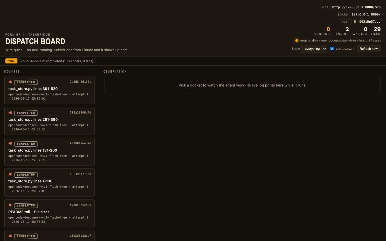 A dark TaskBridge dashboard showing task counts, a dispatch queue and navigation for tasks, questions, usage and logs.